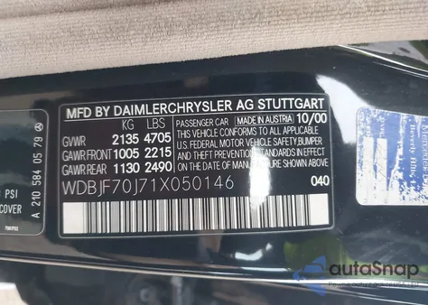 2001 Mercedes-Benz E 430 z USA, uszkodzony, nr VIN WDBJF70J71X050146